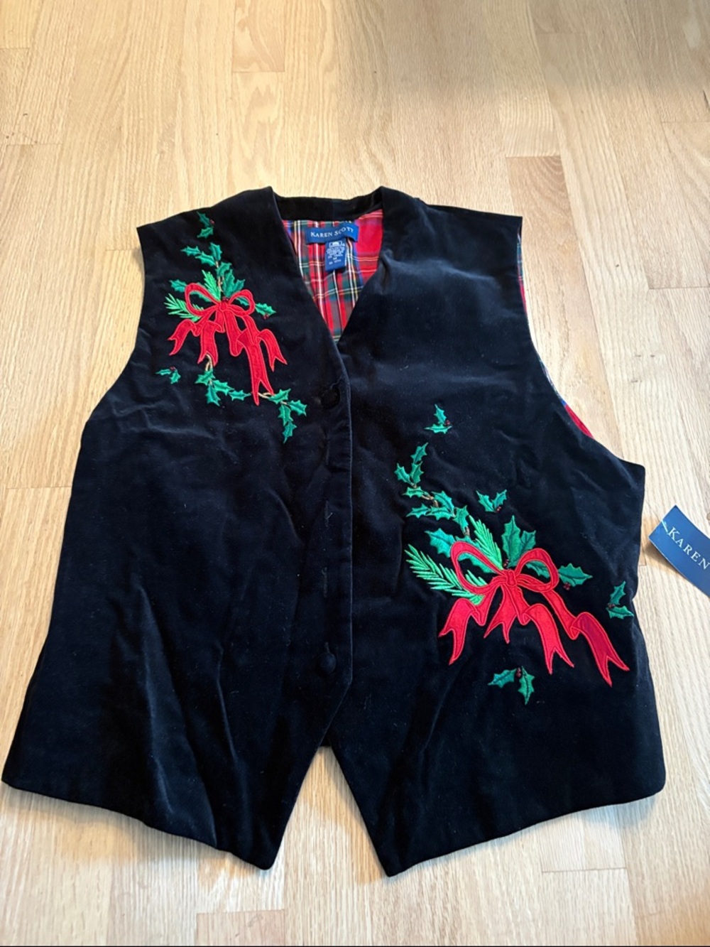 Karen Scott Black Velvet Vest with Red Ribbon & Green Holly Embroidery